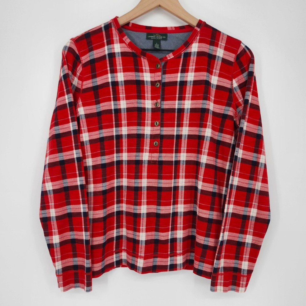 LRL Lauren Ralph Lauren Womens Plaid Henley Top Size L Red Blue Preppy Classic - Picture 2 of 7